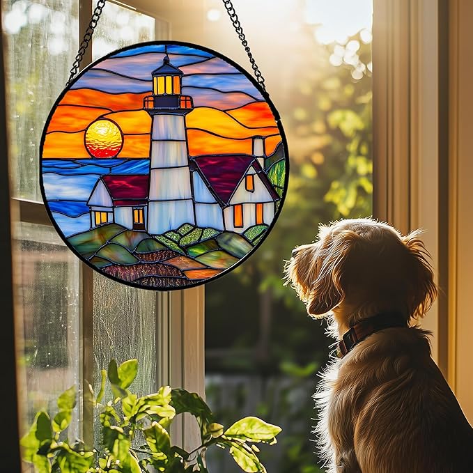 Stained Glass Window Hanging - Sea Lighthouse Suncatcher for Door Terrace Garden Home Decor Sunset Beach Scenery Sun Catcher Birthday Gifts for Lovers Women Men Dad Mom Nana 6.3 in