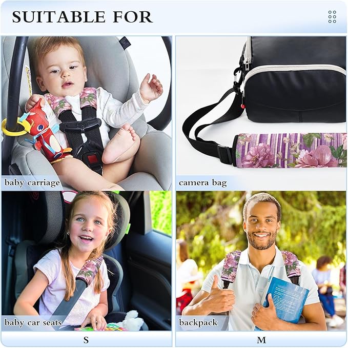 2 Pack Seatbelt Covers Seat Belt Cover Pad for Adults Boys Girls Car Seat Strap Covers Pads Cushion Universal Shoulder Strap Pad Protector for Backpack Camera Bag 10x7.7Inch Cute Pink Striped Roses