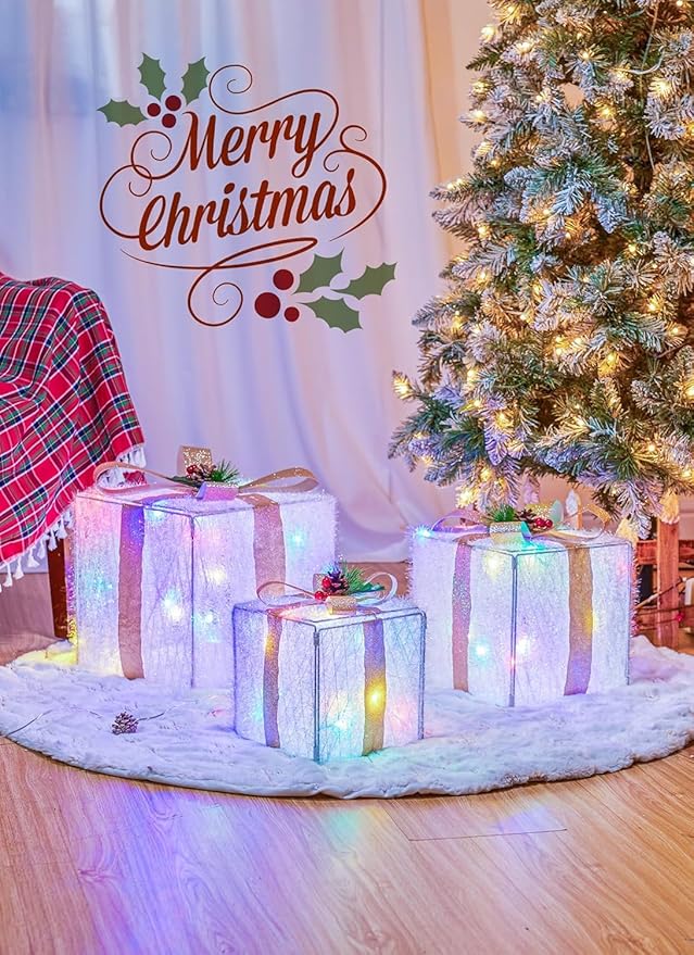 Set of 3 Christmas Decorations Lighted Gift Boxes with Bows，12" 10" 8" with 60 Pre-Lit Mini String Lights，Foldable LED Xmas Present Boxes for Tree Indoor Outdoor Holiday Party Yard Home Decor