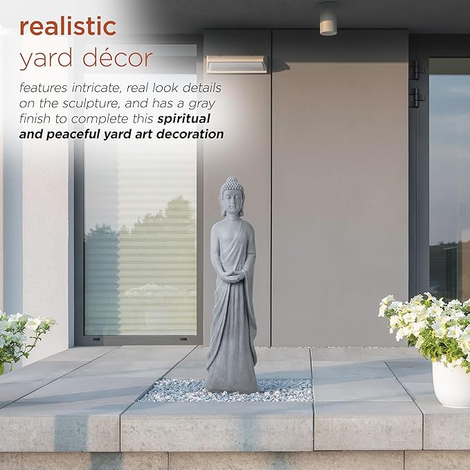 Alpine Corporation 32" Tall Cement Standing Buddha Outdoor Garden Statue, Gray