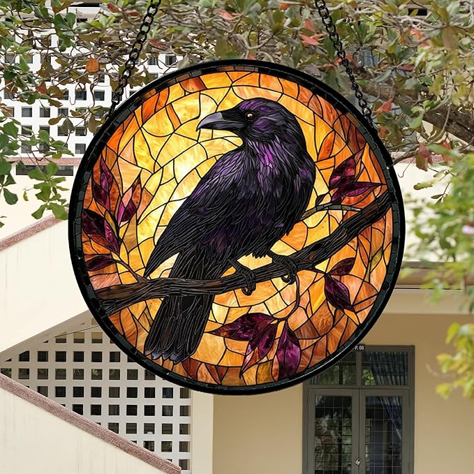 Stained Glass Window Hanging - Crow on a Branch Suncatcher Ready to Hang Window Doors Home Decoration and Christmas, Mother's Day Birthday Gifts for Women, Men, and Mom 14.9x14.9 in