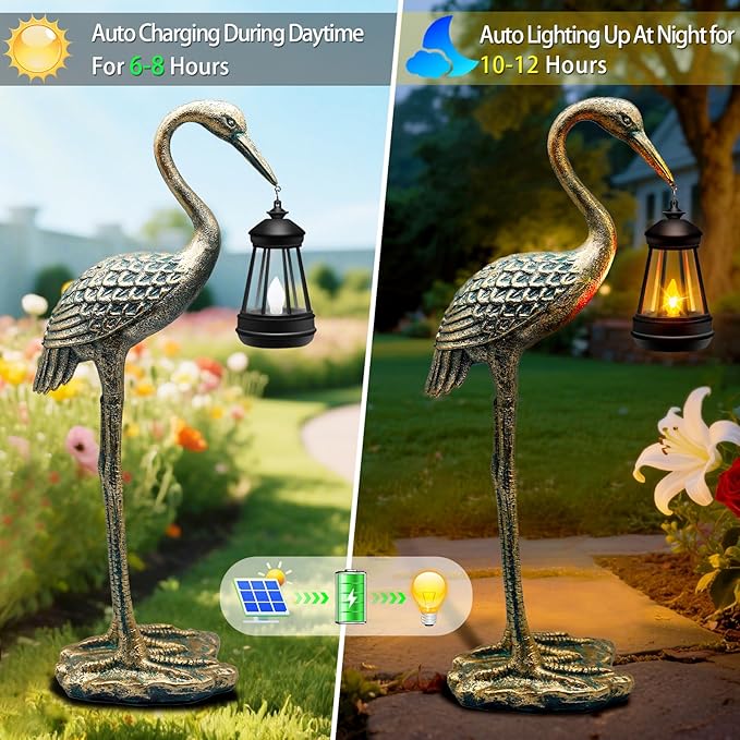 Solar Garden Statue Crane Figurine, Outdoor Hanging Solar Lanterns, 17.7 Inch Blue Heron Sculpture Statue for Patio Yard Porch, Garden Decor for Outside Gifts for Christmas Mom, Women, Mother's Day