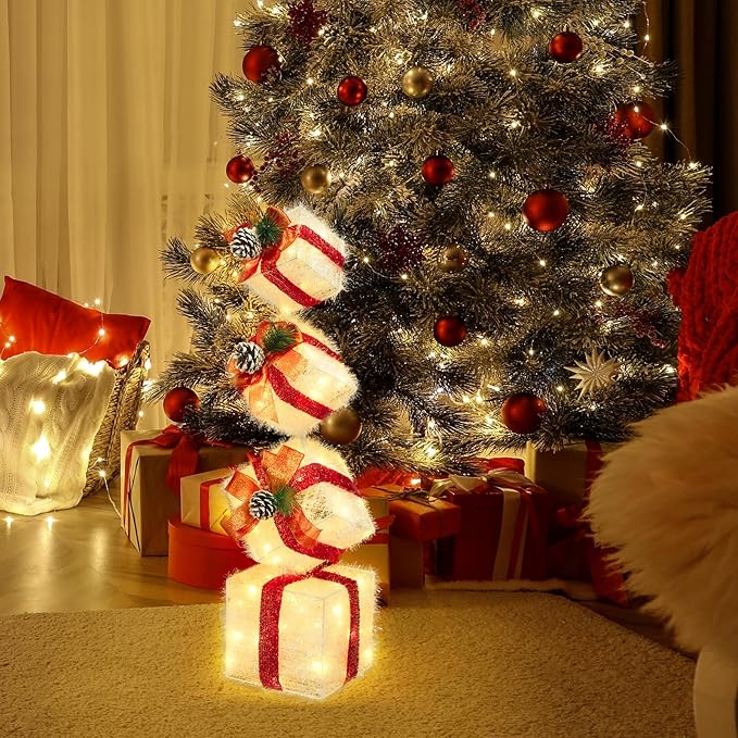 Christmas Lighted Gift Boxes Decorations Set of 4, 3.6Ft Stackable Christmas Nesting Boxes Battery Operated with Timer for Home and Party Decoration
