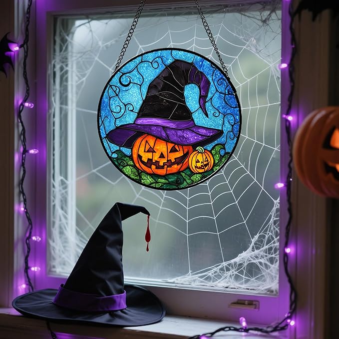 Stained Glass Window Hanging Halloween Horror Pumpkin 15" - Suncatcher Door Garden Sunroom Purple Black Witch Hat Sun Catcher Birthday for Friend Mom Men Woman Nana