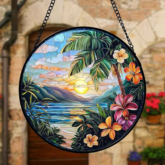 Stained Glass Window Hanging, Colorful Landscape Suncatcher for Doors Home Sun Catchers Decoration and Christmas, Mother's Day Birthday Gifts for Women, Men, and Mom 7.8 in