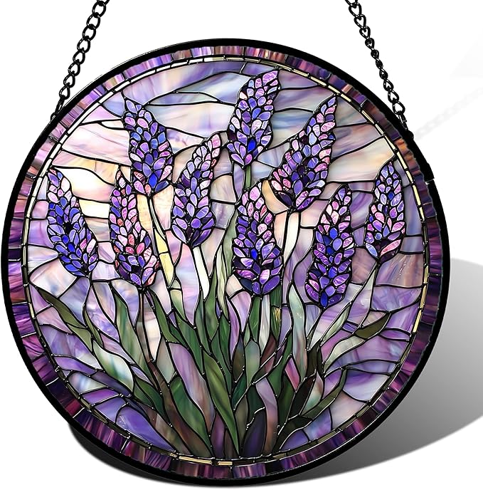 Stained Glass Window Hanging - Purple Flowers Suncatcher for Door Terrace Garden Home Decor Lavender Plant Floral Sun Catcher Birthday Gifts for Lovers Women Men Dad Mom Nana 15 in