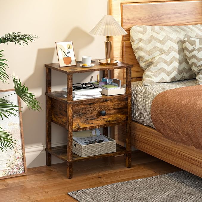 Lerliuo Nightstand with Charging Station and USB Ports, 3-Tier Storage End Table with Drawer Shelf, Night Stand for Small Spaces, Wood Bedside Table for Living Room, Bedroom - Retro Brown…