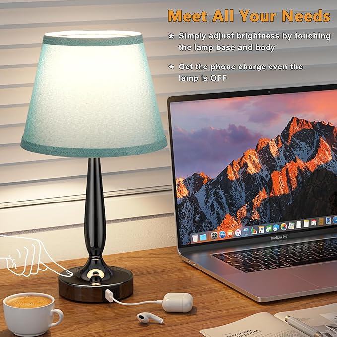 Touch Bedside Lamp for Bedroom with USB C Port, Small Touch Table Lamp with 2 USB Charging Ports, 3 Way Dimmable Nightstand Lamp for Living Room and Office - Turquoise Blue (LED Bulb Included)