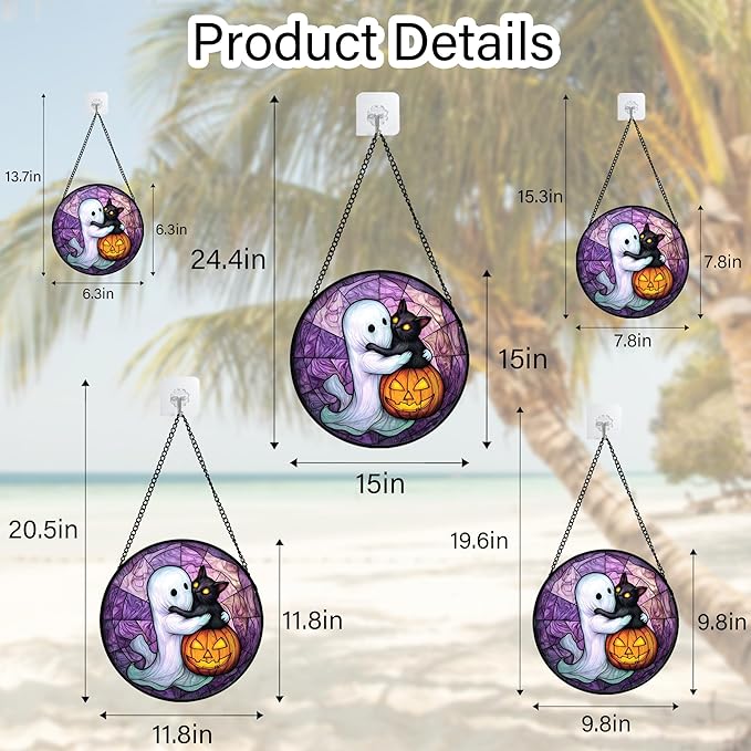 Stained Glass Window Hanging - Halloween Decorations Ghost Black Cat Pumpkin Suncatcher for Door Garden Spooky Purple Sun Catchers Gothic Decor Horror Gifts for Women Men Friend Boy 7.8 in