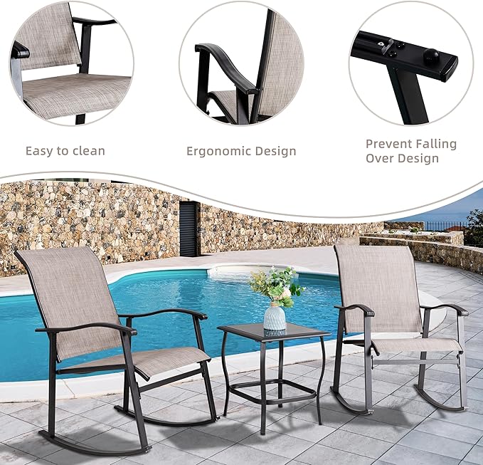 Vongrasig 3 Piece Outdoor Rocking Bistro Set, Textilene Fabric Small Patio Furniture Set, Front Porch Rocker Chairs Conversation Set with Glass Table for Lawn, Garden, Balcony, Poolside (Taupe)
