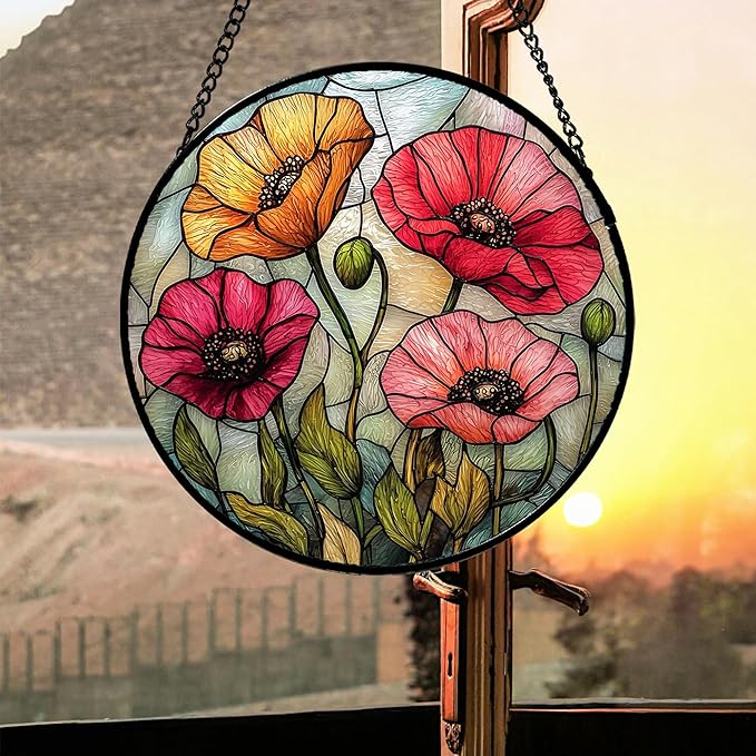 Stained Glass Suncatcher, Red Orange Poppy Flowers Sun Catcher Silver Background Wildflowers Window Hanging Decor Christmas Mother Birthday Gifts for Women Men Mom Nana 7.8 in