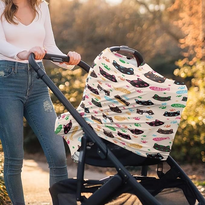 AFPANQZ Cats Design Car Seat Covers for Babies Stretchy Lightweight Soft Nursing Cover Breastfeeding Shield Carseat High Chairs Gender Neutral Shopping Carts Infant Baby Beanie and Bags