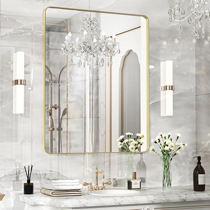 40×30 Gold Bathroom Mirror, Rectangular Bathroom Vanity Mirror for Wall with Rounded Corners & Aluminum Alloy Frame, Tempered-Glass, Modern, Farmhouse, Horizontal/Vertical, Entryway, Bedroom