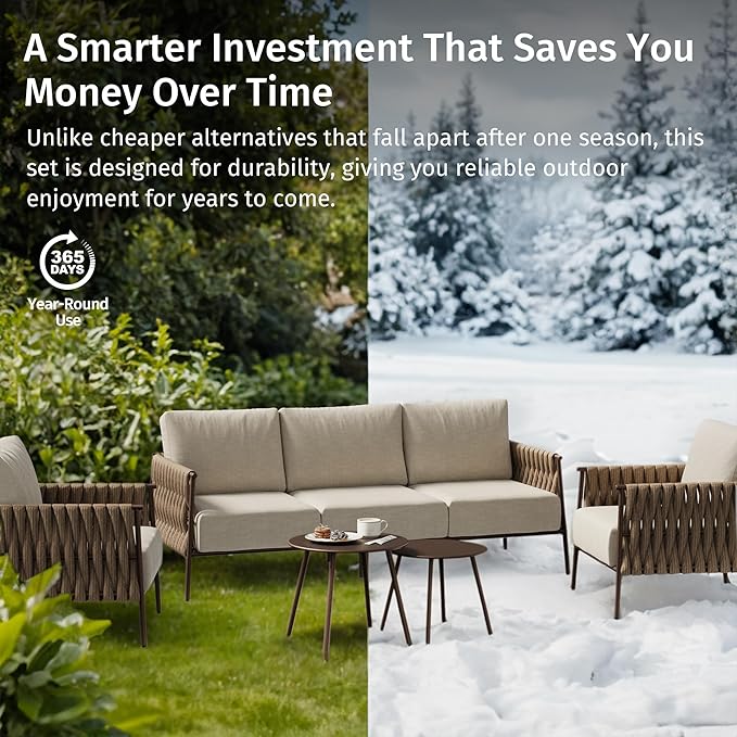 EAST OAK 5-Piece Patio Furniture Set | Life Chatter 5-Seat Outdoor Furniture | Deep Seating & Two Coffee Tables | Waterproof Extra-Thick Cushions | Porch, Balcony & Backyard | Chestnut & Apricot
