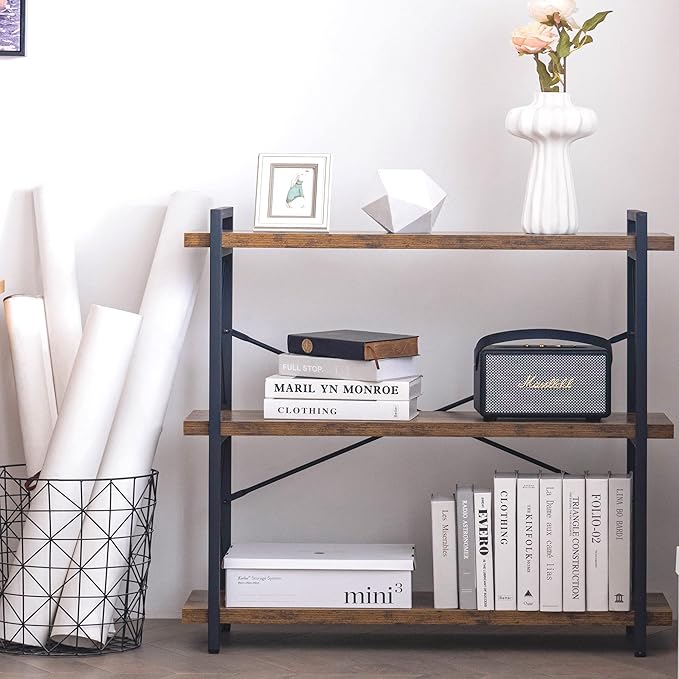 HCHQHS Bookshelf, 3-Tier Industrial Bookcase, Rustic Open Book Shelf, Wood and Metal Horizontal Bookshelves