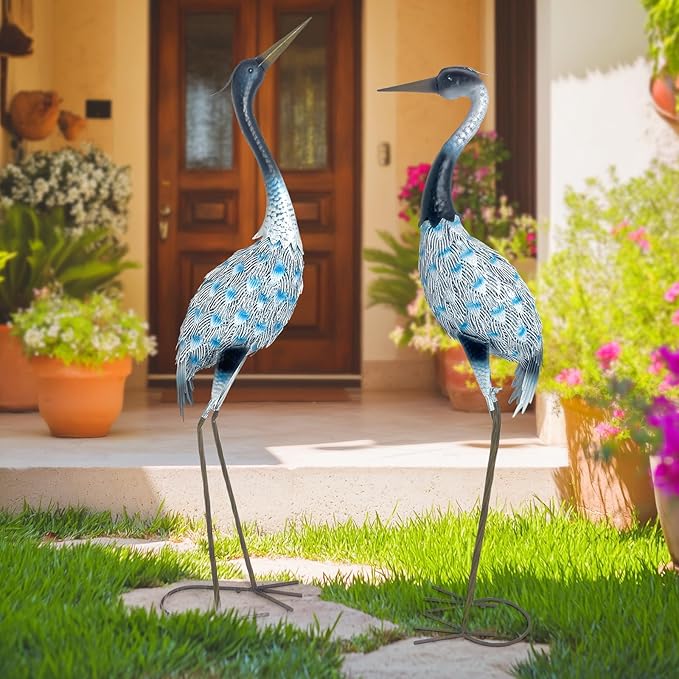 HONGLAND Garden Crane Statues Blue Heron Sculptures for Outdoor Metal Large Birds Lawn Ornaments for Yard Patio Porch Outside Decorations,Set of 2
