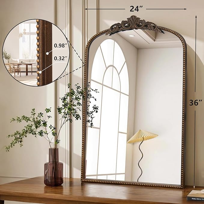 Micasso Traditional Ornate Metal Frame Arch Wall Mirror Baroque Vintage Vanity Mirror for Bathroom, Mantel, Bedroom, Antique Bronze 36"x 24"