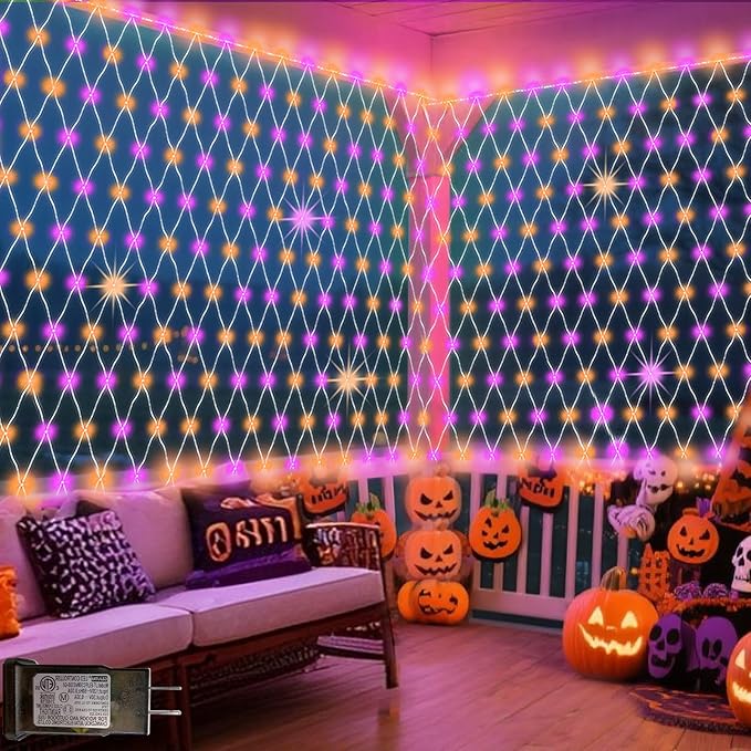 Halloween Net Lights Outdoor Decoration, 14.8x4.9 ft 300LED Orange Purple Halloween Lights 8 Modes Connectable Twinkle Fairy Mesh Light for Bushes Tree Party Yard Garden Decoration