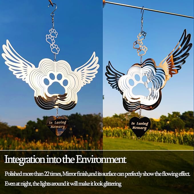DJUAN Pet Memorial Wind Spinners, Dog Memorial Gifts,Stainless Steel Angel Wings Pet Paw Print,Dogs and Cats Remembrance, Pet Sympathy,Pet Loss Bereavement Gifts