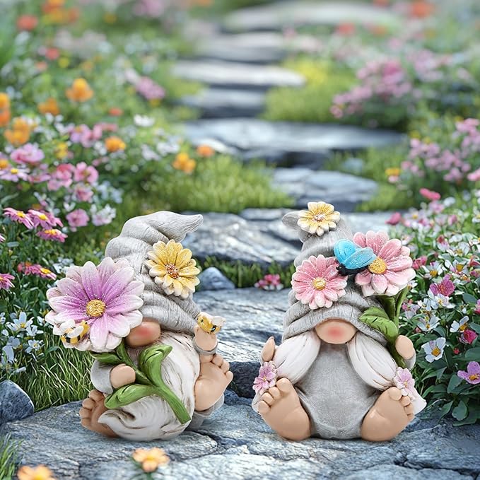 Hodao Set of 2 Spring Gnome Decorations Flower Gnomes Ornaments Decor Summer Outdoor Figurines Spring Elves for Porch, Garden Yard, Flower Bed Garden Gifts for Women, Mom (Grey)