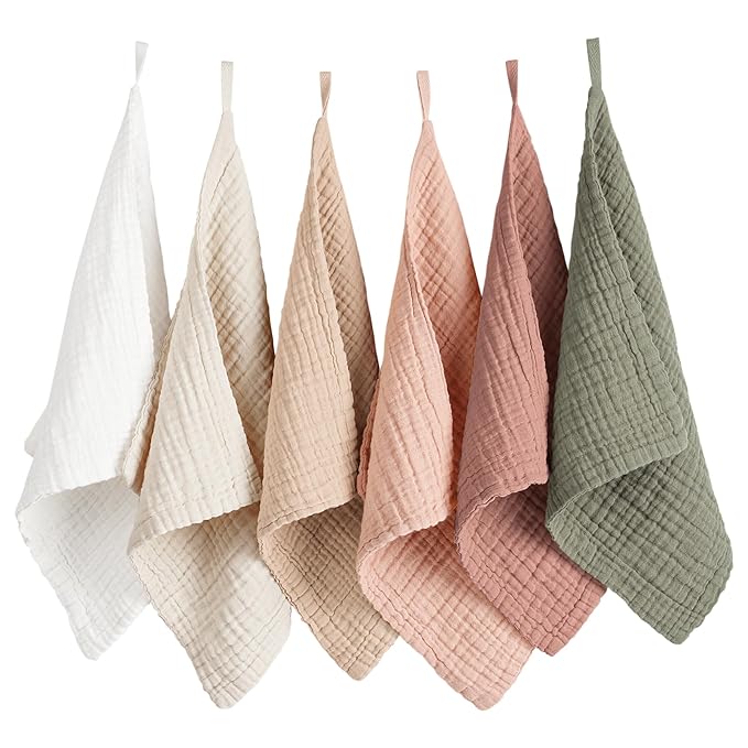 Konssy 6 Pack Baby Muslin Washcloths for Unisex 100% Cotton Wash Cloth Set for Baby Face Body Comfy and Soft for Newborn Infants Kids Girls and Boys