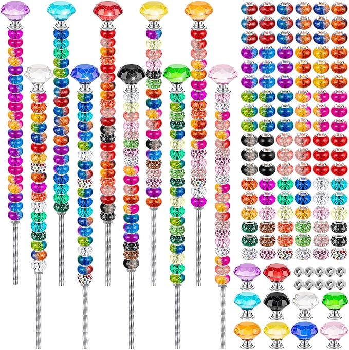 230 Pcs Beaded Garden Stakes, DIY Fairy Wand Garden Stake Beads Kits with 200 Colorful Assortment Round Large Hole Beads with 10 Crystal Stopper Top, 10 Threaded Rod and 10 Nuts for Outdoor Decoration