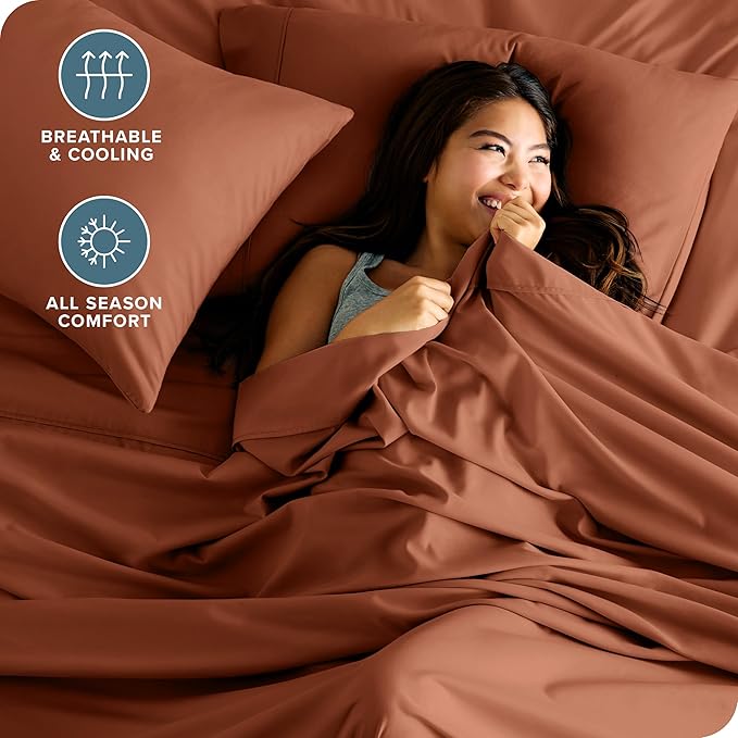 Bare Home Twin XL Sheet Set - 1800 Ultra-Soft Microfiber Twin Extra Long Sheets - Double Brushed - Deep Pockets - Easy Fit - Extra Soft - 3 Piece Set - Bed Sheets & Pillowcases (Twin XL, Terracotta)