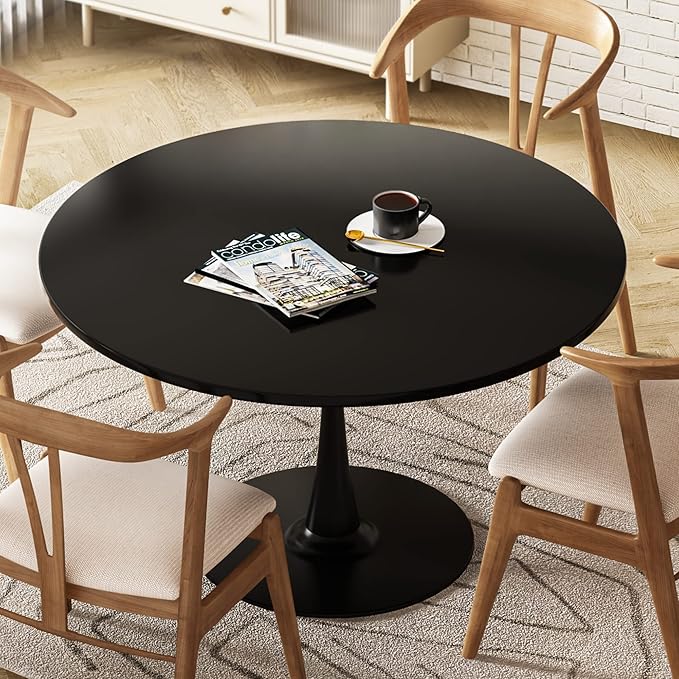 DKLGG Black Round Dining Table, 42.1" Tulip Table Kitchen Dining Table 4-6 People with MDF Top & Pedestal Base, Mid-Century End Leisure Coffee Office Living Room Table