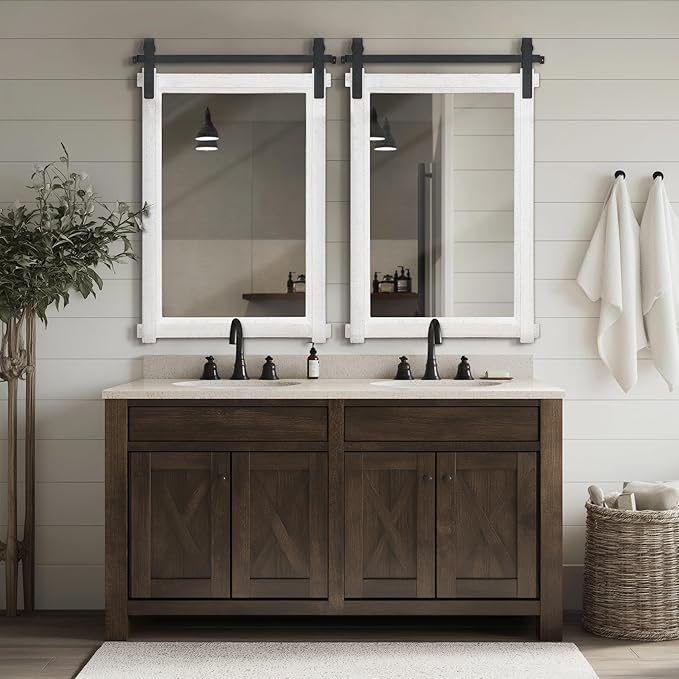 Rustic Barn Door Mirror: 24"x36" White Farmhouse Wood Frame - Wall Mirror for Entryway/Bathroom/Living Room Wall Decor