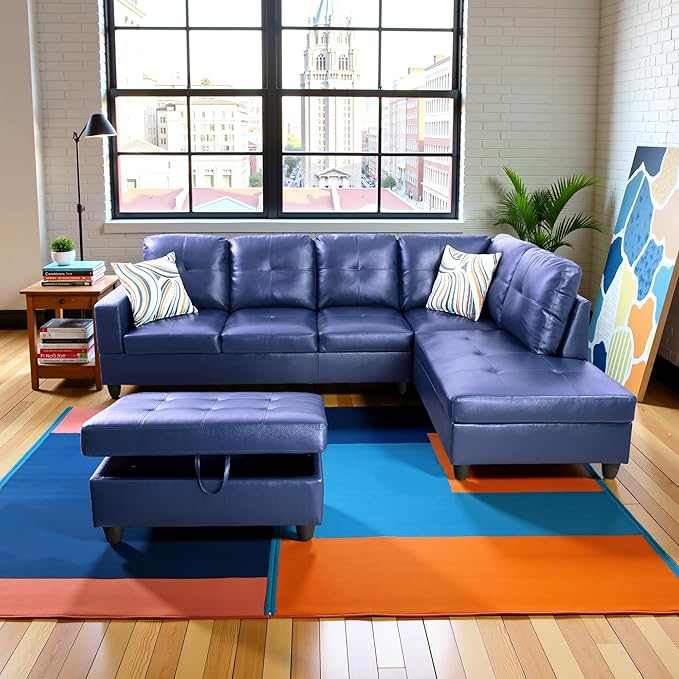 Couches for Living Room PU Leather L Shaped Couch Comfy 3 Pieces Sectional Sofa with Chaise, Ottoman with Storage for Office and Small Apartment, Blue