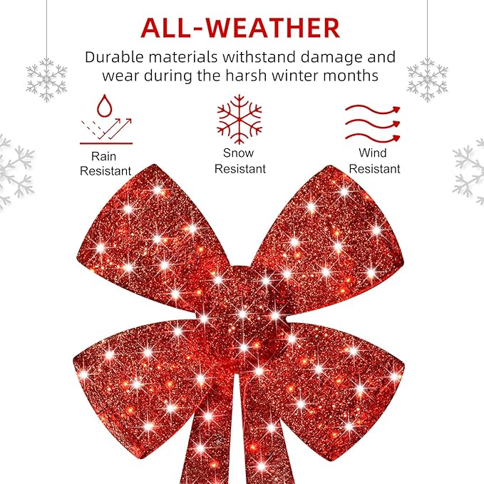 Lighted Giant Christmas Bows Decoration - HOYECHI Lighted Large Outdoor Bows for Wreaths, Outdoor Hanging Christmas Decorations, LED Holiday Yard Décor with 75 Lights - Red