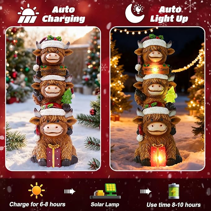 Christmas Highland Cow Decor with Solar Light Triple Highland Cow Christmas Decorations Gifts for Women Mom Funny Highland Cows Garden Statues for Garden Patio Lawn Yard Decor