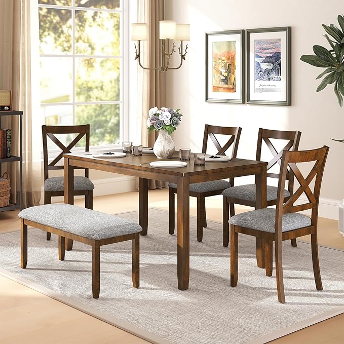 6-Piece Solid Wood Dining Table Set, Including 1 Dining Table, 4 Upholstered Chairs and 1 Bench, Wooden Dining Table Set for Kitchen, Dining Room, Walnut