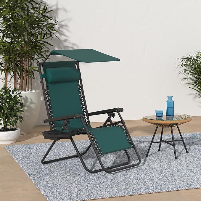 Best Choice Products Folding Zero Gravity Outdoor Recliner Patio Lounge Chair w/Adjustable Canopy Shade, Headrest, Side Accessory Tray, Textilene Mesh - Forest Green
