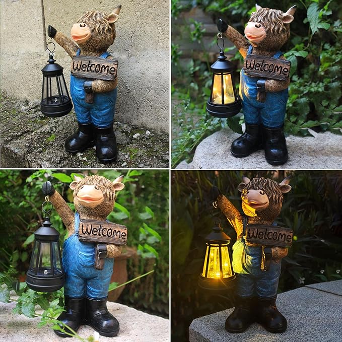 Solar Garden Statues -Highland Cow Lantern Outdoor Handmade Resin Statue with LED Light, and Welcome Holder for Patio, Yard, Gift Ideas (cow2)