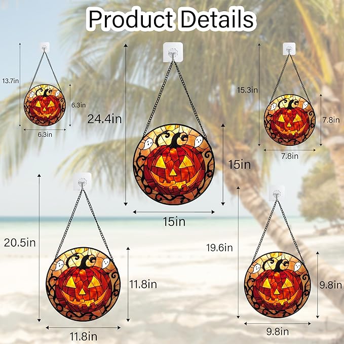 Stained Glass Window Hanging - Halloween Decorations Evil Pumpkin Orange Suncatcher for Doors Garden Indoor Funny Spooky Sun Catchers Gothic Decor Horror Gifts for Women Men Friend 6.3 in