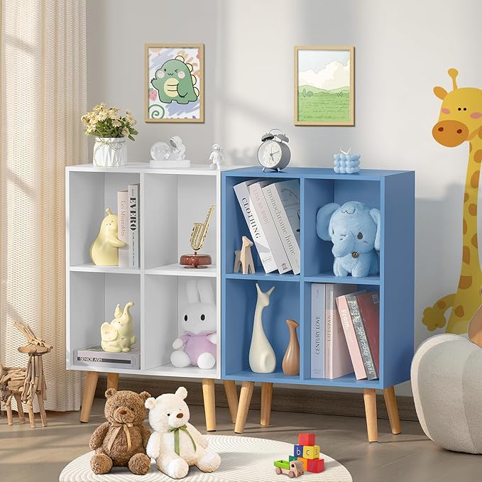 YAHARBO 4 Cube Bookshelf, Blue Small Kids Book Shelf with Cubby Storage,Wooden Modern Bookcase with Legs,2 Tier Freestanding Display Book Case Organizer,Bookshelves for Office,Nursery,Playroom