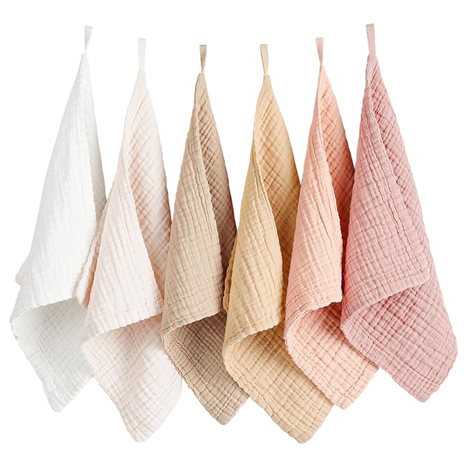 Konssy 6 Pack Baby Muslin Washcloths for Unisex 100% Cotton Wash Cloth Set for Baby Face Body Comfy and Soft for Newborn Infants Kids Girls and Boys