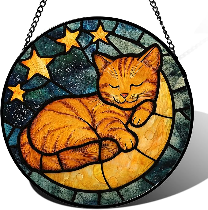 Stained Glass Window Hanging - Orange Cat Sun Catcher for Door Home Decor Stars and Moon Suncatcher Christmas Mother's Day Birthday Loss of a Pet Gifts for Women Men Mom Nana 9.8 in