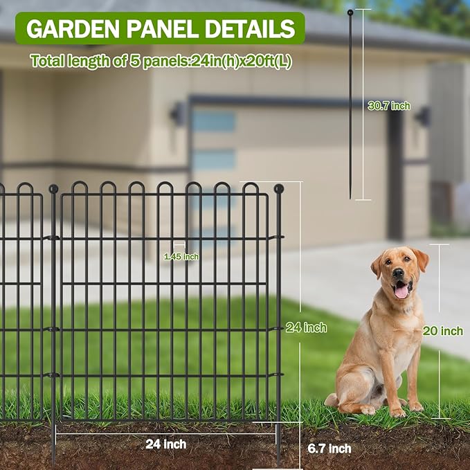 10 Panels No Dig Decorative Garden Fence for Yard, 24 in(H) X 20 ft(L) Animal Barrier Fencing for Outdoor Dog, Metal Portable Garden Fences for Borders, Pets, Landscape, Temporary Fence