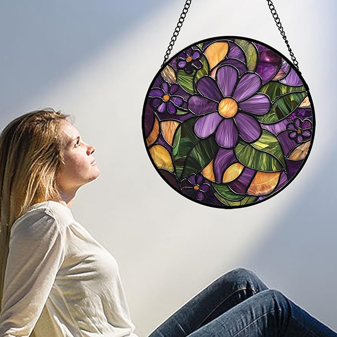 Stained Glass Window Hanging, Purple Green Flowers Sun Catcher for Door Home Decor Plants Suncatcher Christmas Mother's Day Birthday Gifts for Women Men Mom and Nana 11.8 in
