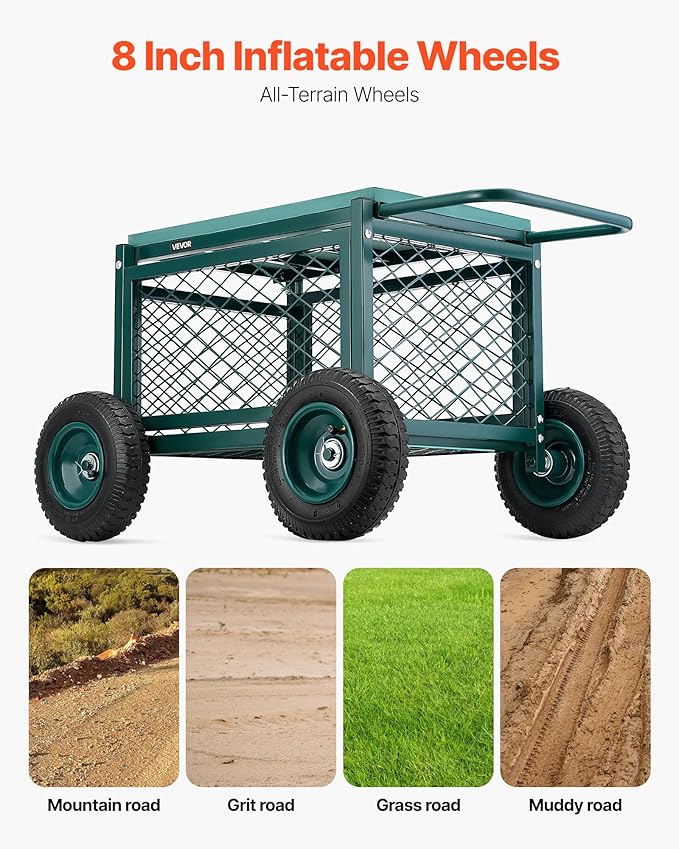 VEVOR Rolling Garden Cart with Seat, Metal Rolling Garden Work Seat with Wheels, Supports up to 400 LBS, Heavy Duty Gardening Cart Scooter, Outdoor Wagon & Stool on Wheels for Lawn, Patio, Backyard