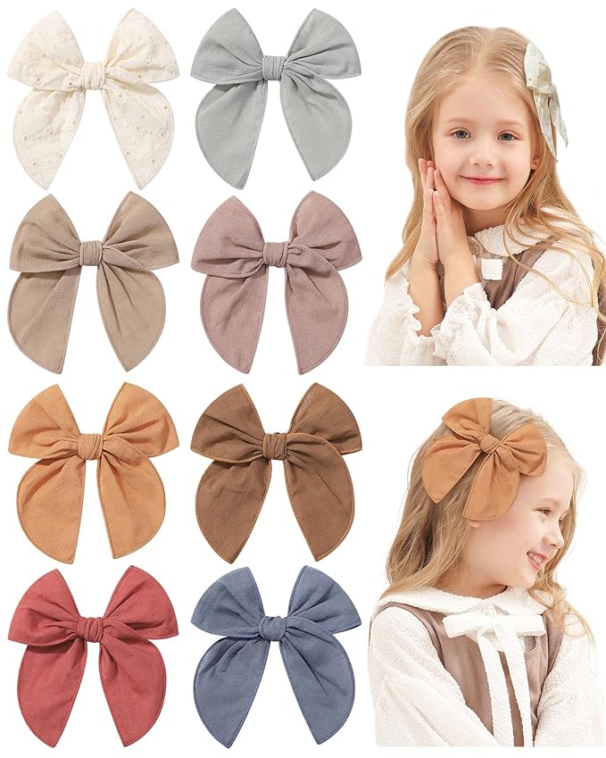 Doboi 8PCS Baby Girls Hair Clips Fable Hair Bows Cotton Linen Bows for Girls Hair Accessories for Baby Toddlers Kids （Includes Beige Cutout Hair Clip）