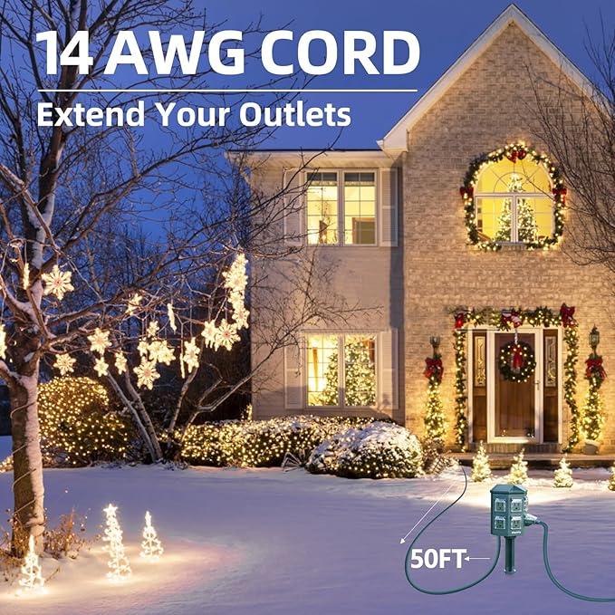 Flexora Outdoor Power Strip with 24-Hour Mechanical Timer, 50 FT Extension Cord Waterproof, 6 Grounded Outlets for Graden and Yard Decorations, ETL Listed