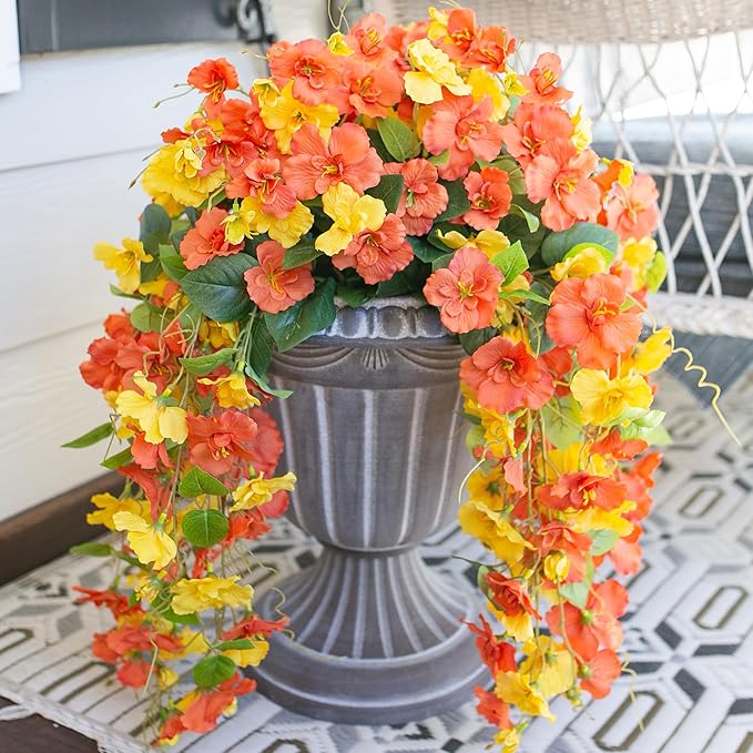 Artificial Hibiscus Fake Hanging Flowers Plants for Outdoors Fall Autumn Decoration, 4pcs Silk Hibiscus Trailing Vines UV Resistant Realistic Faux Flowers for Outside Front Door Porch Yard Indoor, Mix