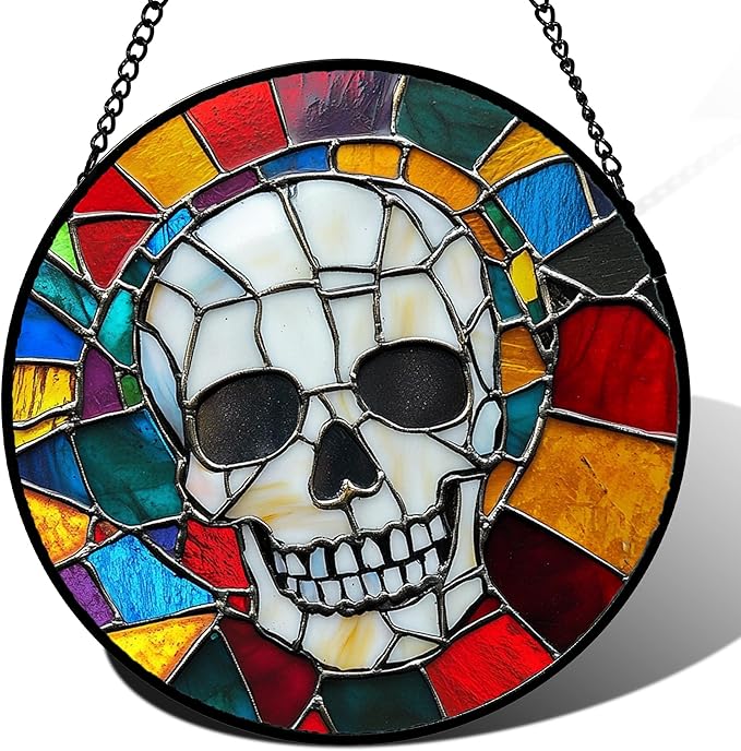 Stained Glass Window Hanging Halloween Horror White Skull 6.3" - Suncatcher Door Garden Kitchen Sun Catcher Home Gothic Decor Birthday for Mom Men Woman Friend Grandma