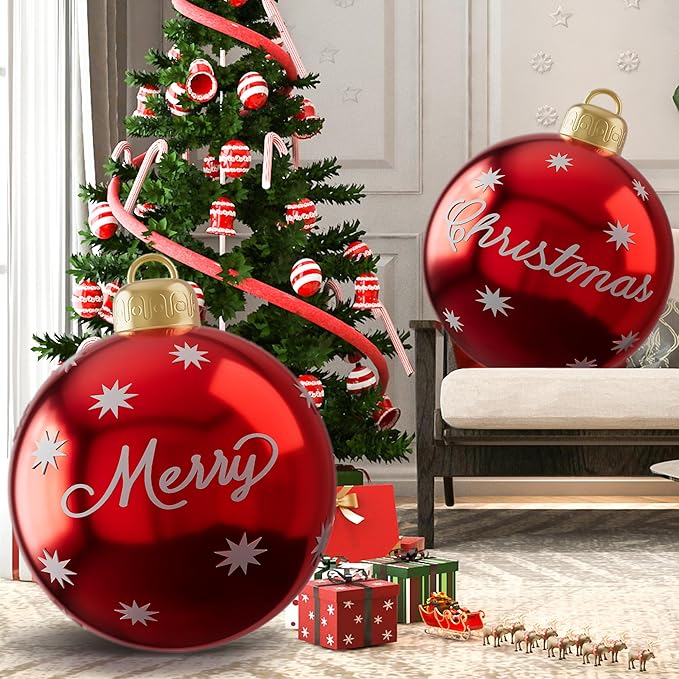 24 Inch Christmas Inflatable Balls, 2 Pcs Outdoor Decorative PVC Ball, Xmas Blow Up Jumbo Ball for Indoor, Giant Ornaments Outside Holiday Yard Lawn Decor (Merry Christmas)