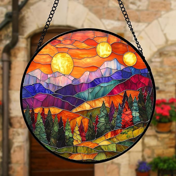Stained Glass Window Hanging, Sunset Abstract Sun Catchers Colorful Glass Panel Landscape Suncatcher Decor for Birthday for Women, Men, Wife, Aunt, and Mom 7.8 in