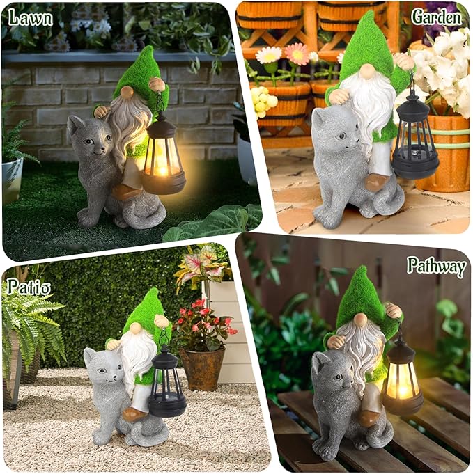 Garden Cat Gnome Decorations for Yard with Solar Lights,Resin Flocked Gnome Figurine Holding Latern,Outdoor Gnomes Decorations for Yard Patio Lawn Porch, Garden Gifts for Mom