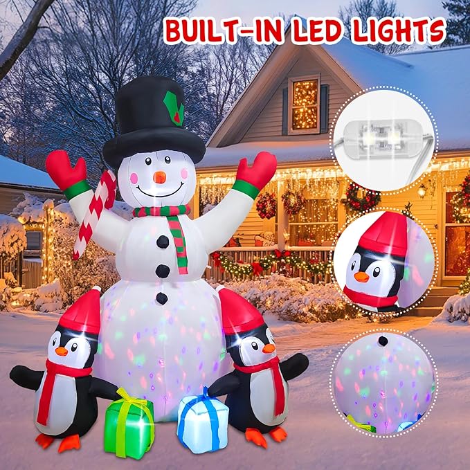 Christmas Inflatables 6FT Snowman Outdoor Yard Decorations, Christmas Blow up Snowman with Penguins and Giftboxes, Built-in Colorful Rotating LED Lights for Holiday Xmas Party Lawn Yard Garden